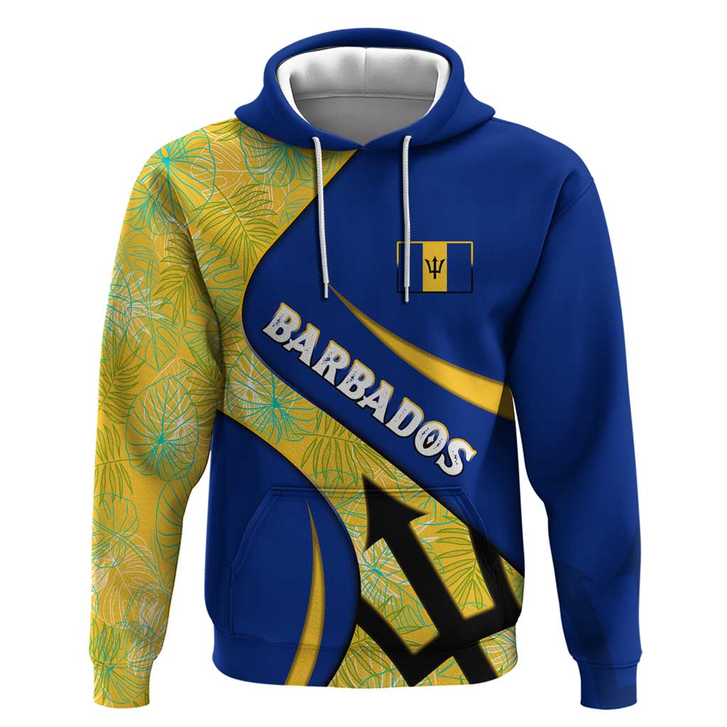 Barbados Flag Hoodie Blue and Yellow with Trident and Tropical Leaf Pattern TS04