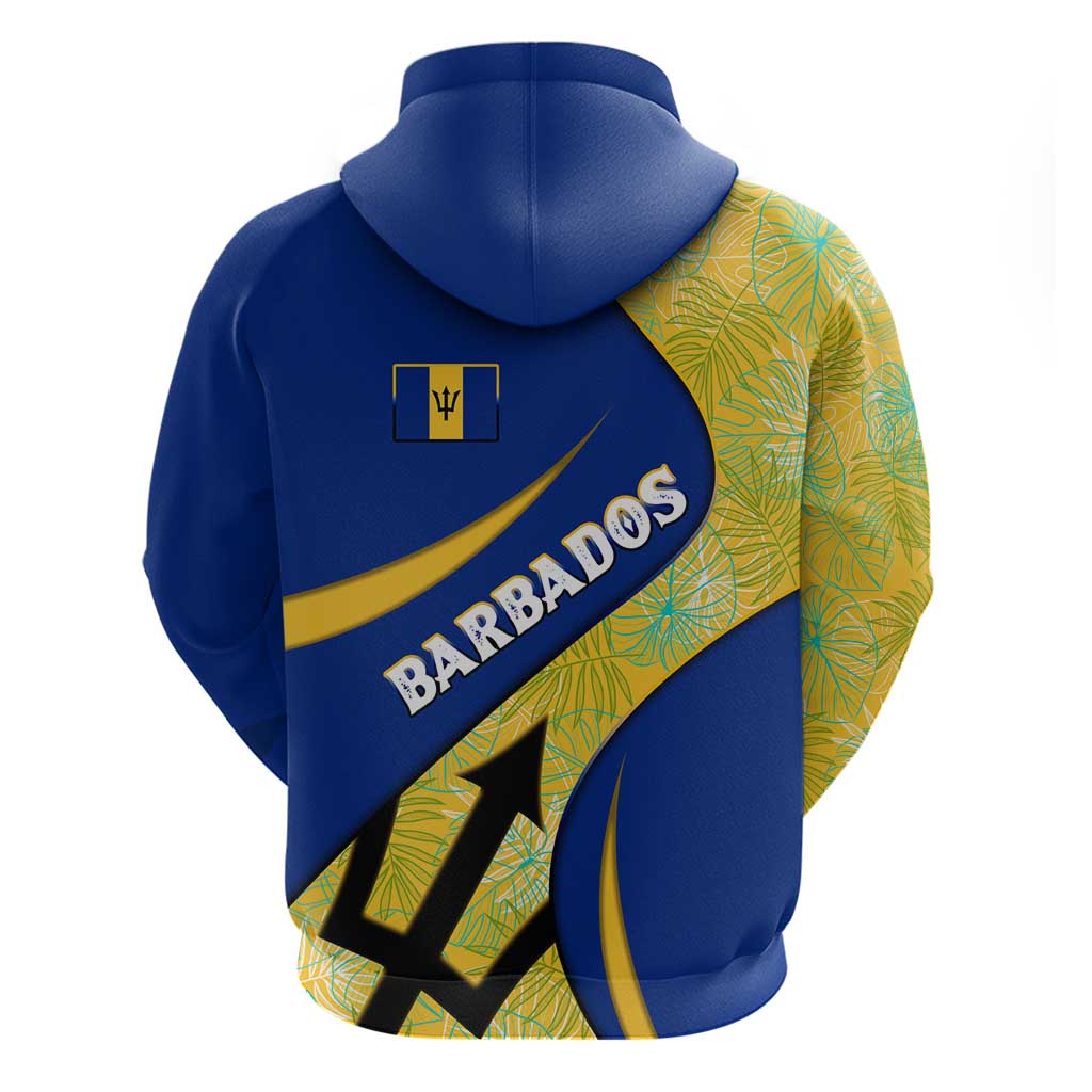 Barbados Flag Hoodie Blue and Yellow with Trident and Tropical Leaf Pattern TS04