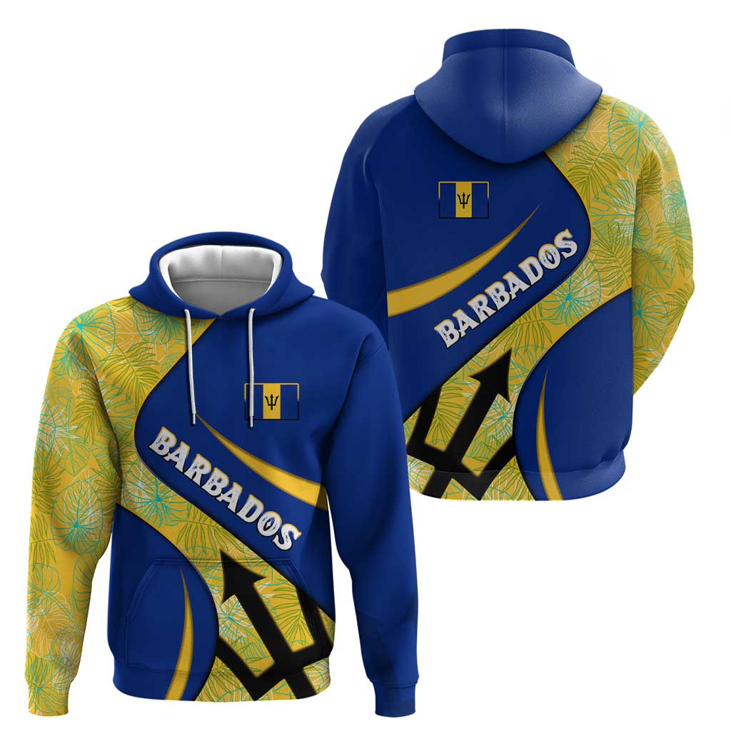 Barbados Flag Hoodie Blue and Yellow with Trident and Tropical Leaf Pattern TS04
