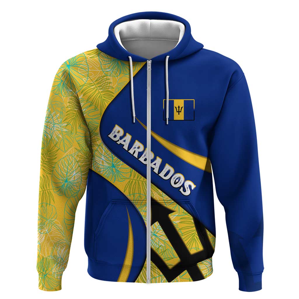 Barbados Flag Hoodie Blue and Yellow with Trident and Tropical Leaf Pattern TS04