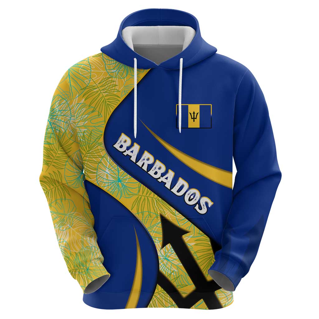 Barbados Flag Hoodie Blue and Yellow with Trident and Tropical Leaf Pattern TS04
