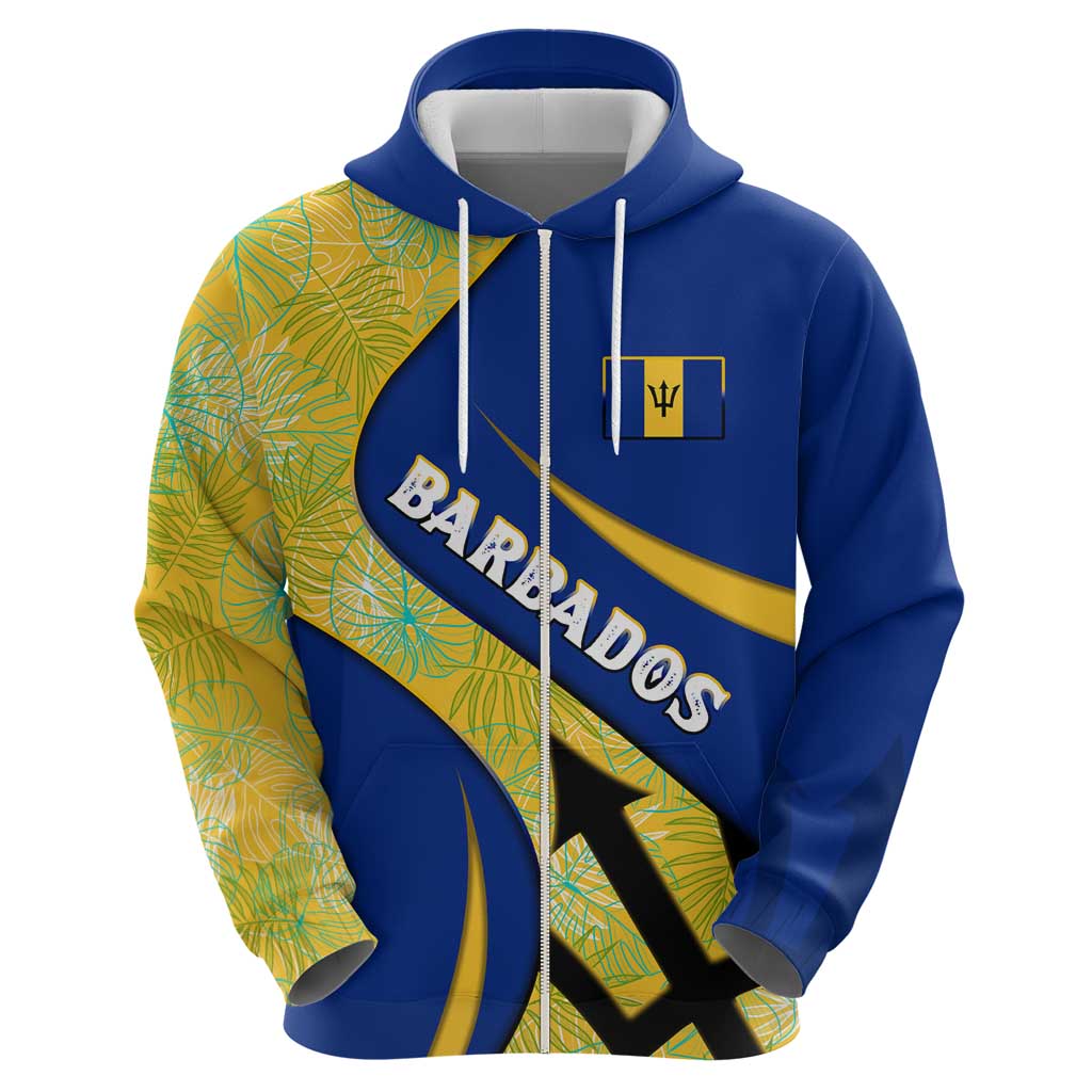 Barbados Flag Hoodie Blue and Yellow with Trident and Tropical Leaf Pattern TS04