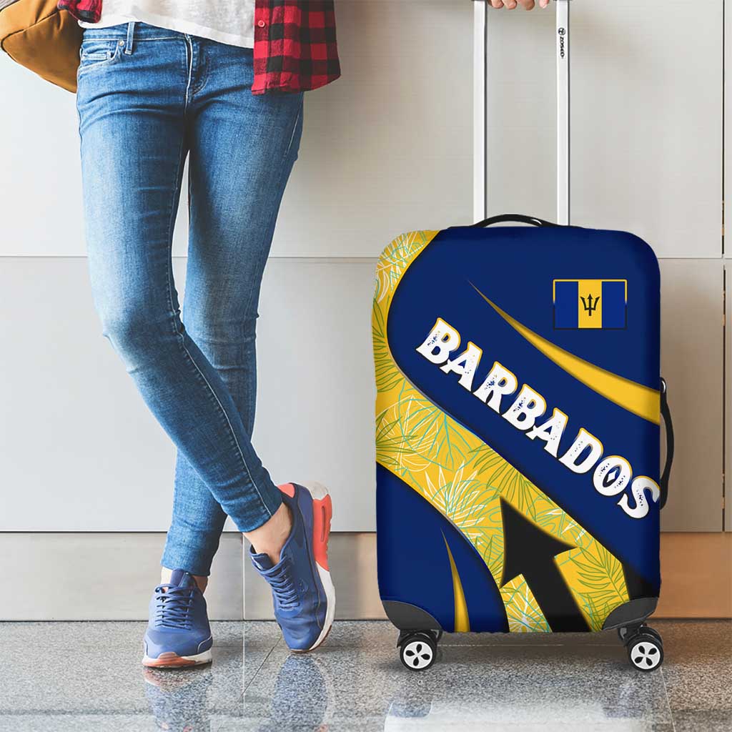 Barbados Flag Luggage Cover Blue and Yellow with Trident and Tropical Leaf Pattern TS04