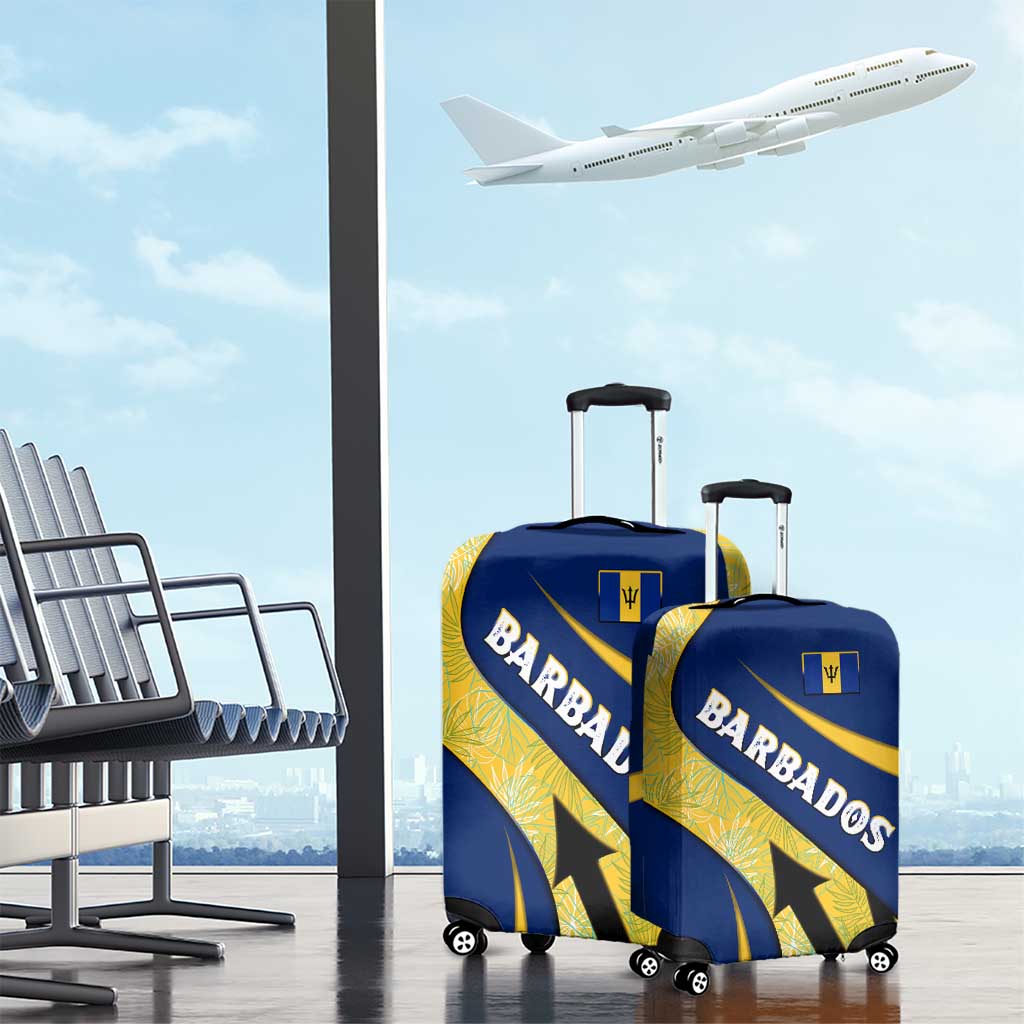 Barbados Flag Luggage Cover Blue and Yellow with Trident and Tropical Leaf Pattern TS04