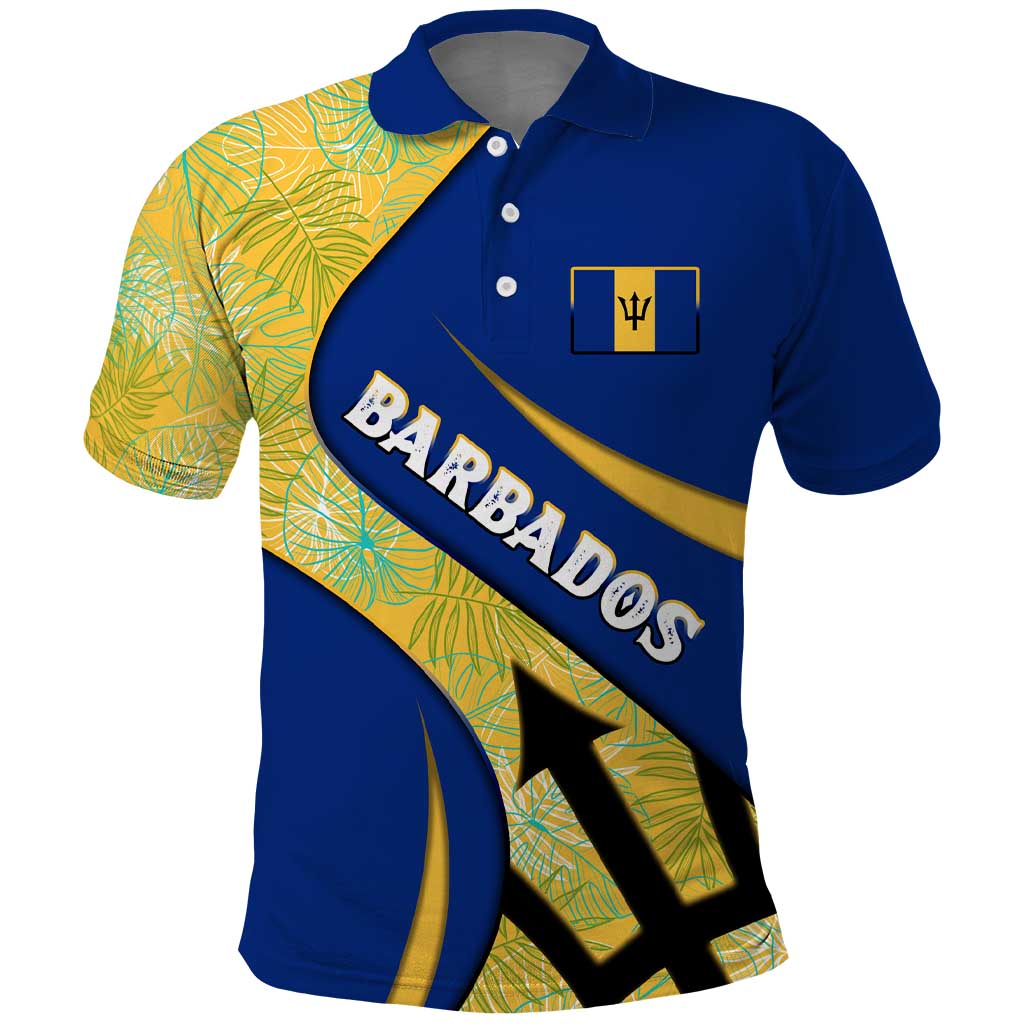 Barbados Flag Polo Shirt Blue and Yellow with Trident and Tropical Leaf Pattern TS04