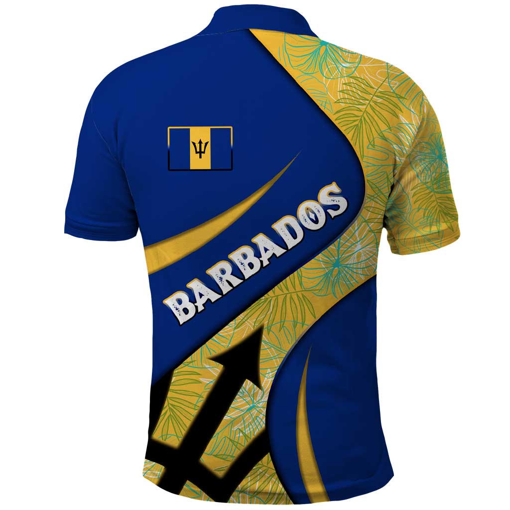 Barbados Flag Polo Shirt Blue and Yellow with Trident and Tropical Leaf Pattern TS04