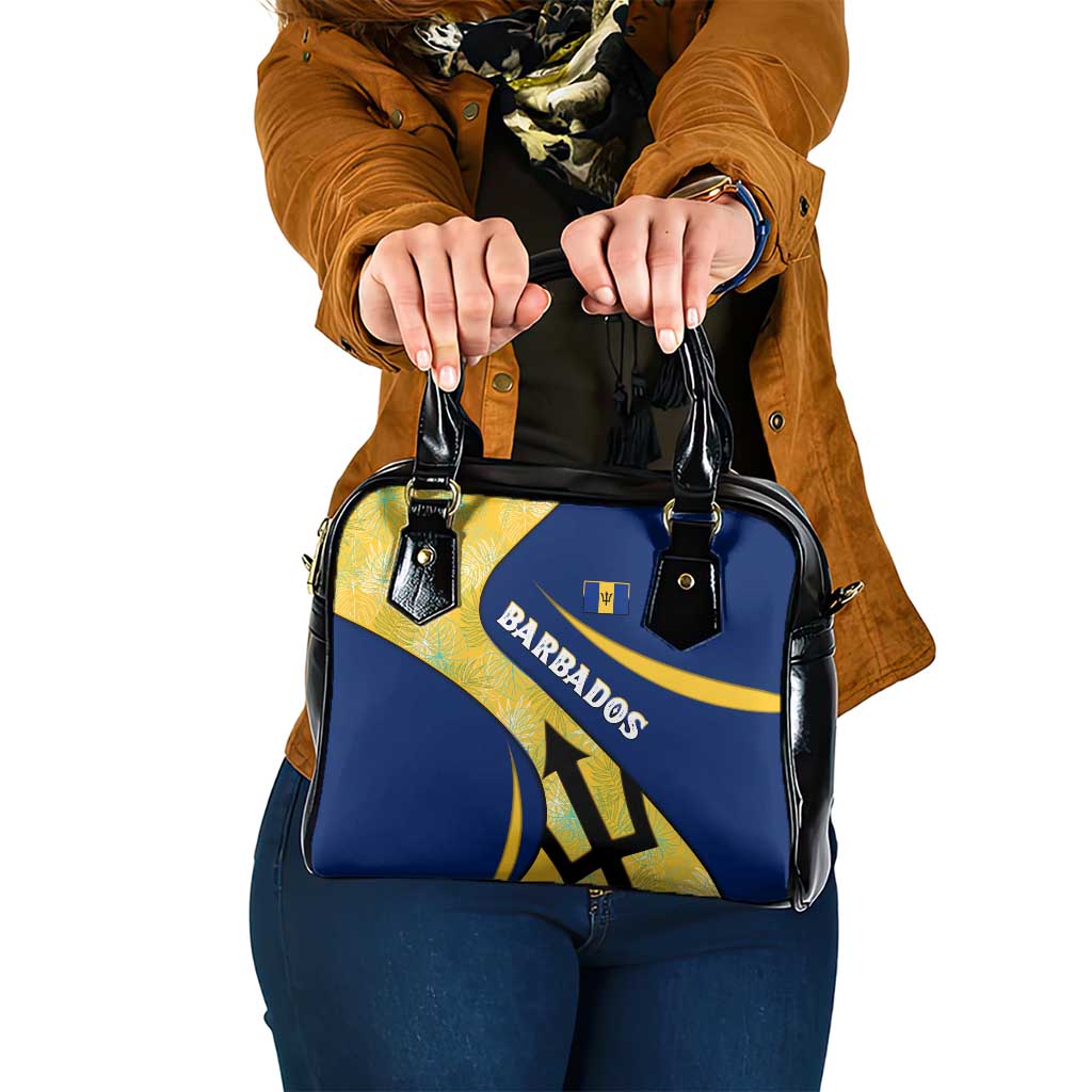 Barbados Flag Shoulder Handbag Blue and Yellow with Trident and Tropical Leaf Pattern TS04