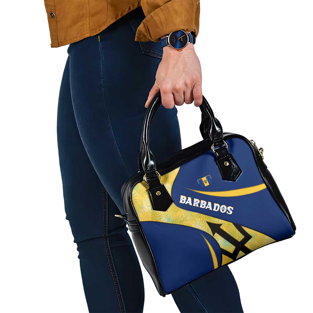Barbados Flag Shoulder Handbag Blue and Yellow with Trident and Tropical Leaf Pattern TS04