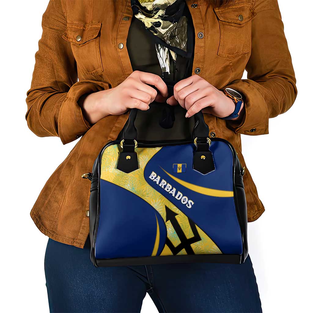 Barbados Flag Shoulder Handbag Blue and Yellow with Trident and Tropical Leaf Pattern TS04