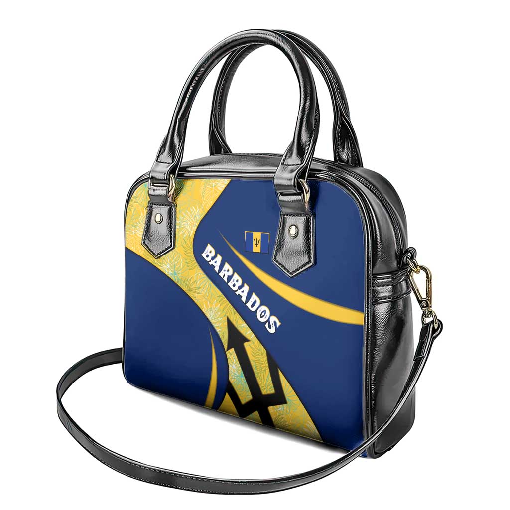 Barbados Flag Shoulder Handbag Blue and Yellow with Trident and Tropical Leaf Pattern TS04