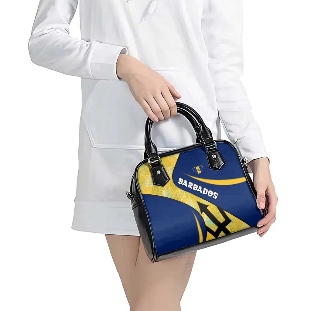 Barbados Flag Shoulder Handbag Blue and Yellow with Trident and Tropical Leaf Pattern TS04