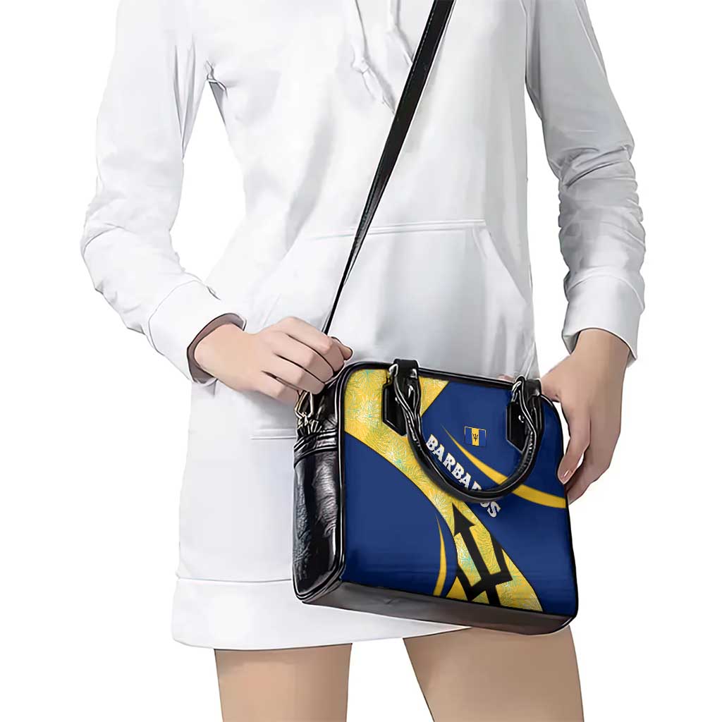 Barbados Flag Shoulder Handbag Blue and Yellow with Trident and Tropical Leaf Pattern TS04