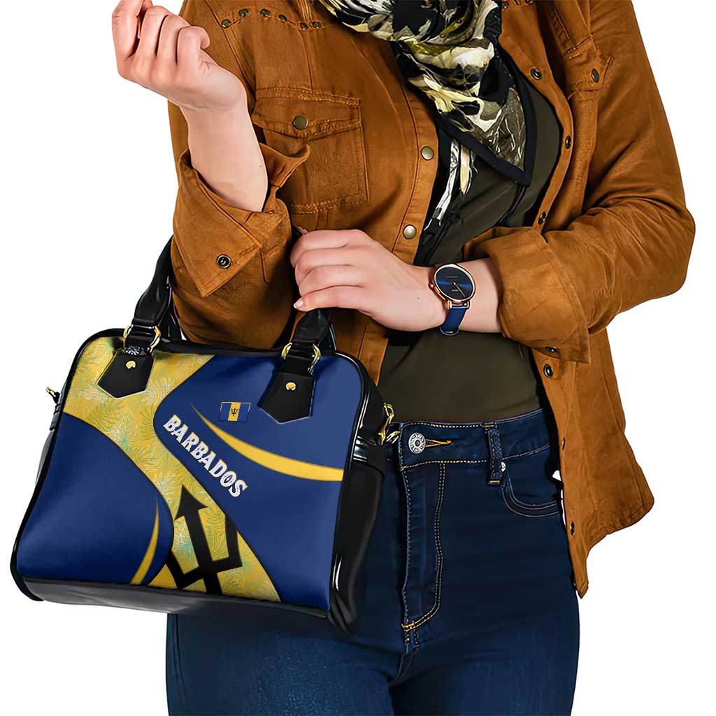 Barbados Flag Shoulder Handbag Blue and Yellow with Trident and Tropical Leaf Pattern TS04