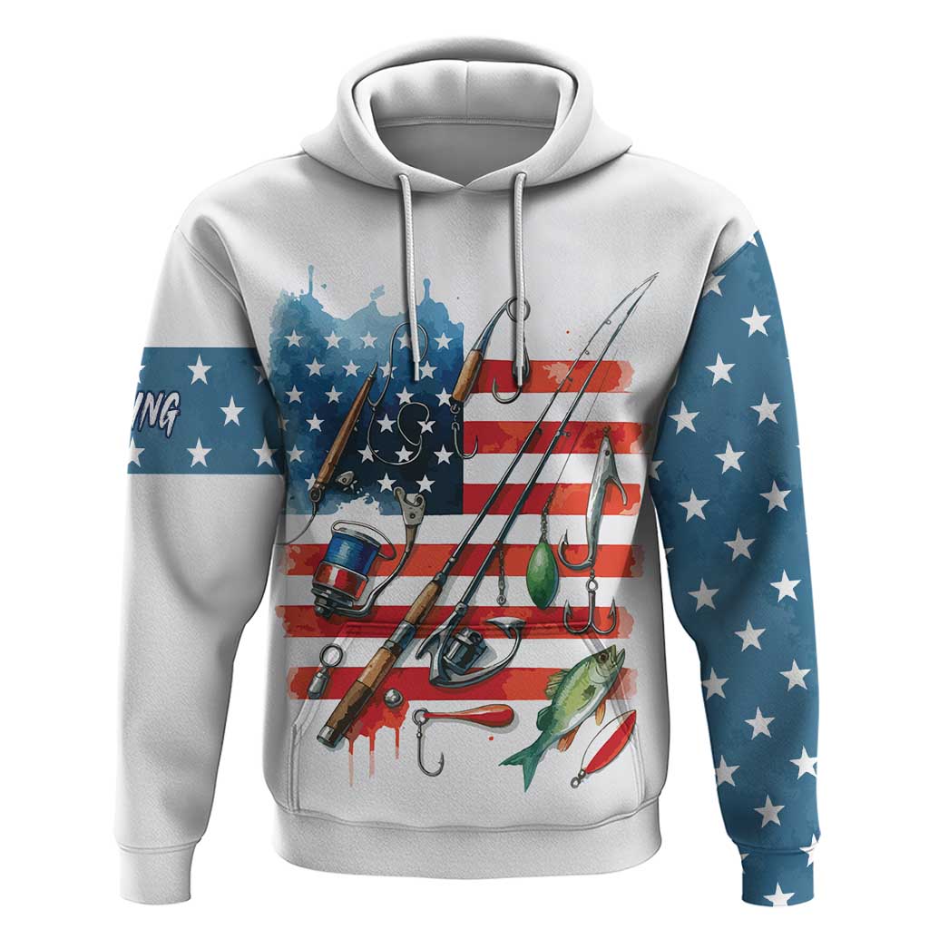 American Flag Fishing Hoodie with Fishing Rods and Lures Watercolor Style Design TS04