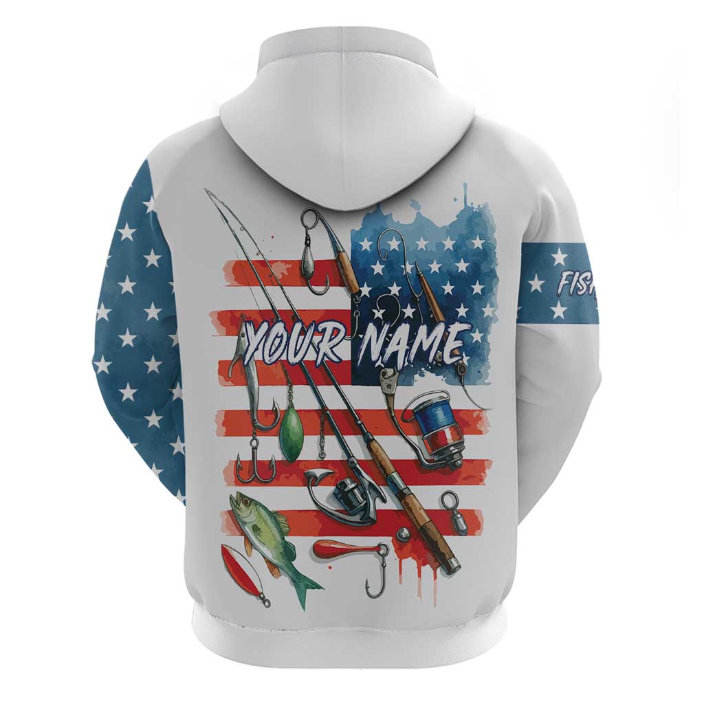 American Flag Fishing Hoodie with Fishing Rods and Lures Watercolor Style Design TS04