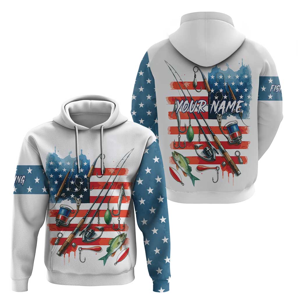American Flag Fishing Hoodie with Fishing Rods and Lures Watercolor Style Design TS04