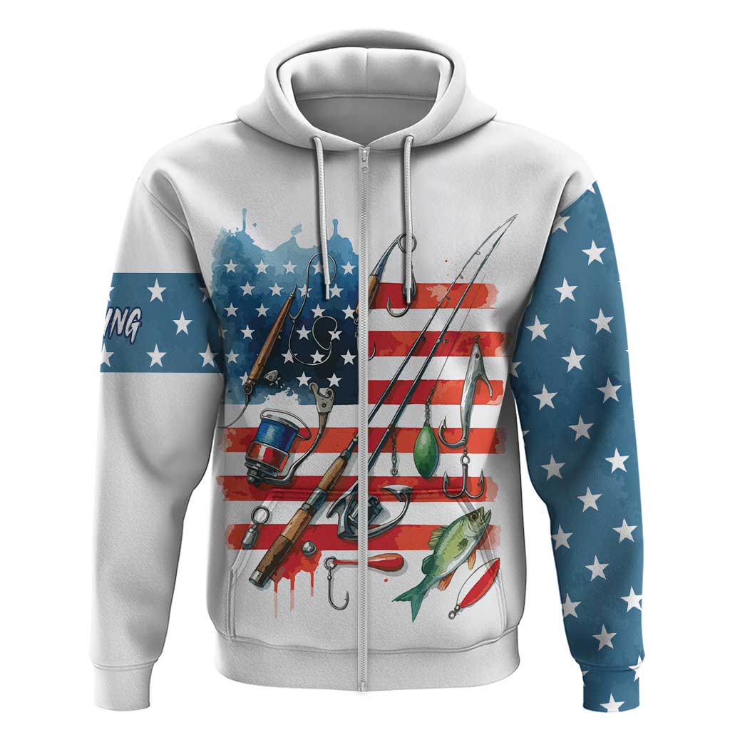 American Flag Fishing Hoodie with Fishing Rods and Lures Watercolor Style Design TS04