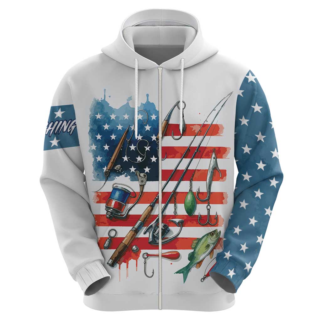 American Flag Fishing Hoodie with Fishing Rods and Lures Watercolor Style Design TS04