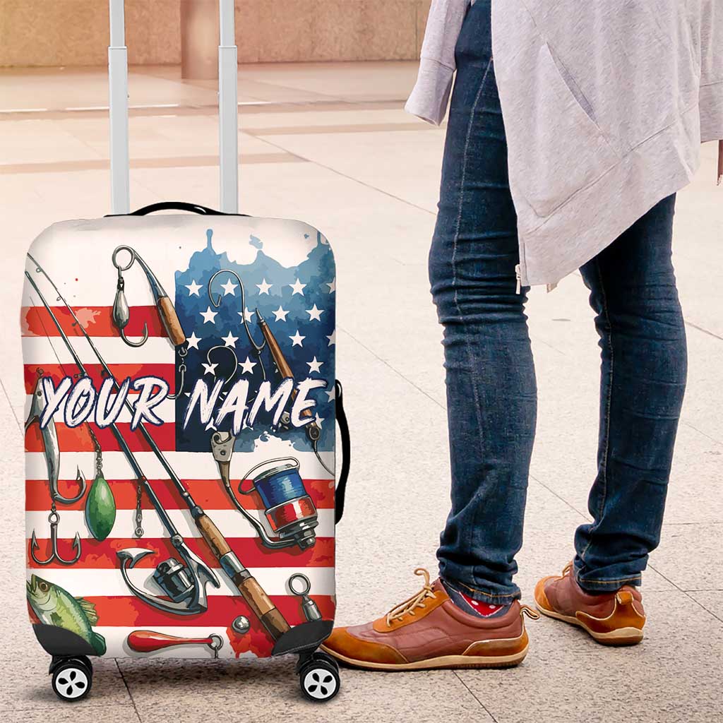 American Flag Fishing Luggage Cover with Fishing Rods and Lures Watercolor Style Design TS04