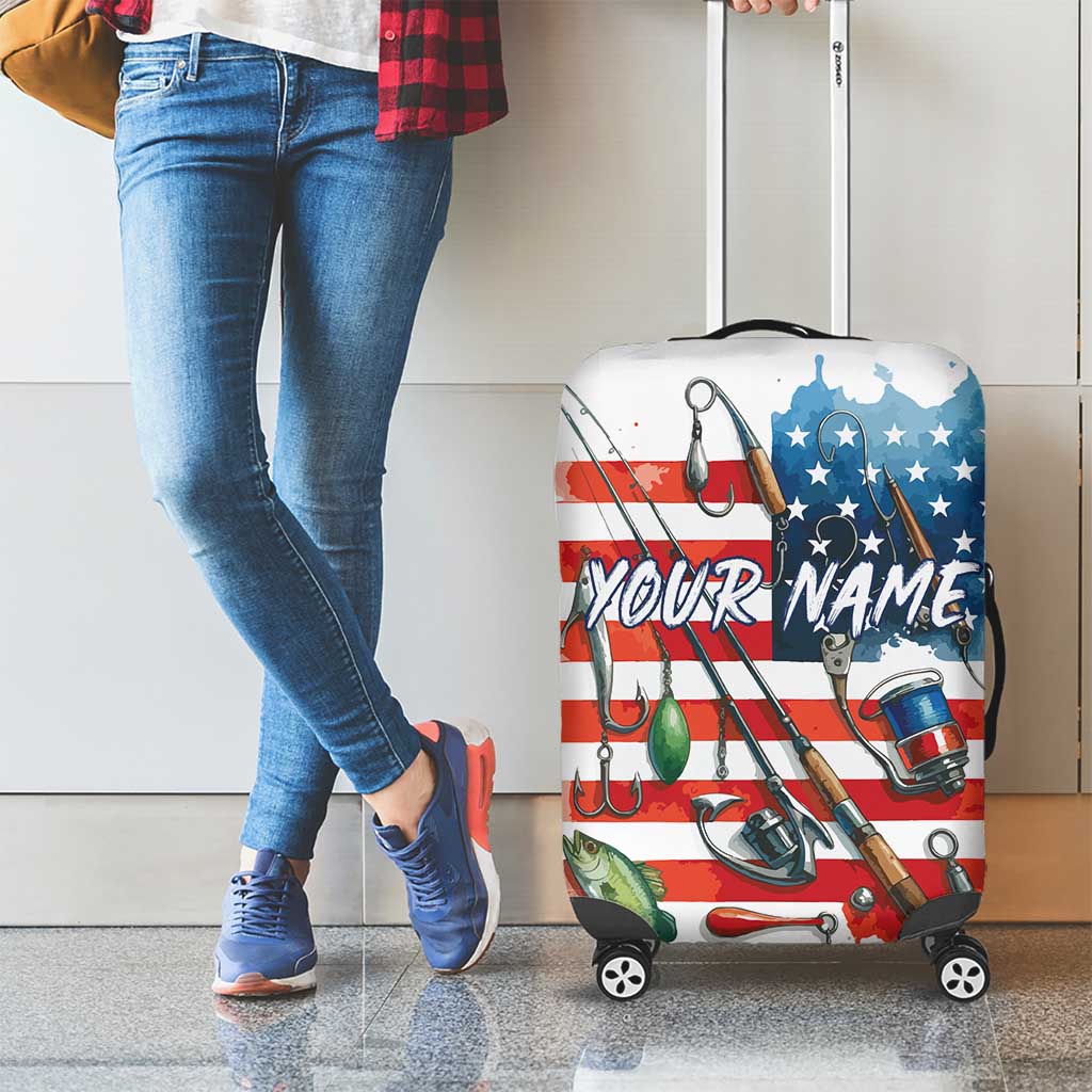 American Flag Fishing Luggage Cover with Fishing Rods and Lures Watercolor Style Design TS04