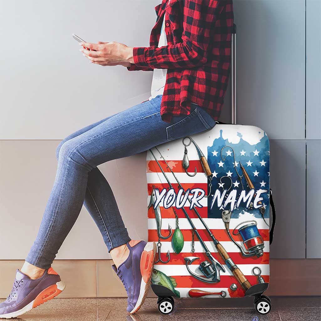 American Flag Fishing Luggage Cover with Fishing Rods and Lures Watercolor Style Design TS04