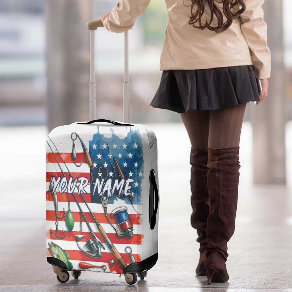 American Flag Fishing Luggage Cover with Fishing Rods and Lures Watercolor Style Design TS04