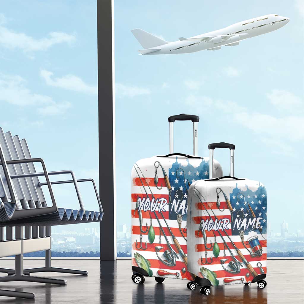 American Flag Fishing Luggage Cover with Fishing Rods and Lures Watercolor Style Design TS04