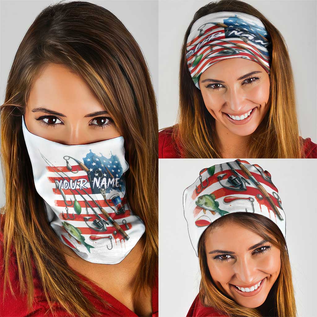 American Flag Fishing Neck Gaiter with Fishing Rods and Lures Watercolor Style Design TS04