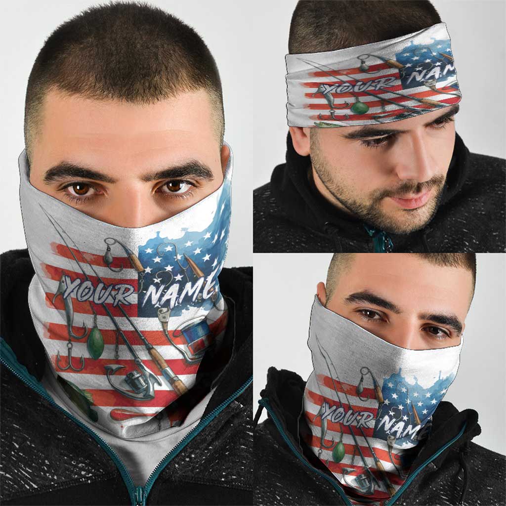 American Flag Fishing Neck Gaiter with Fishing Rods and Lures Watercolor Style Design TS04