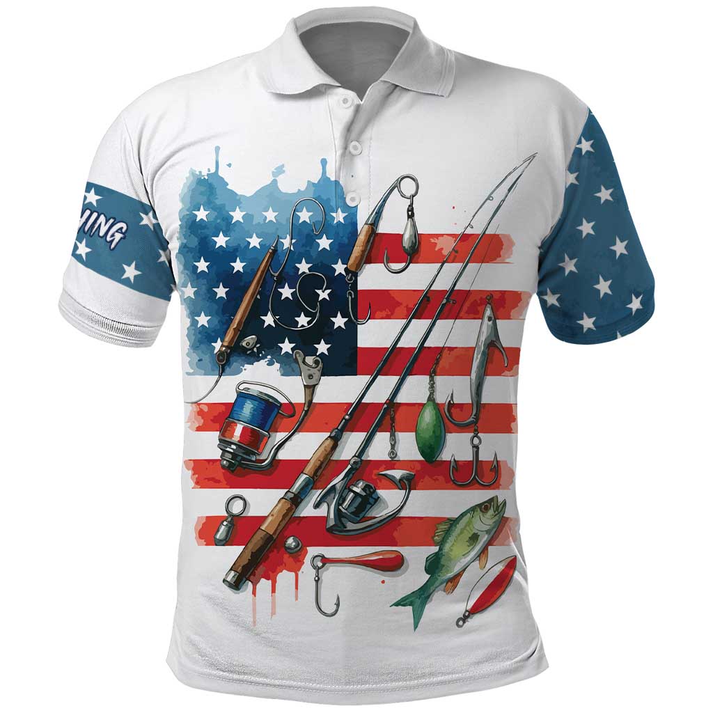 American Flag Fishing Polo Shirt with Fishing Rods and Lures Watercolor Style Design TS04
