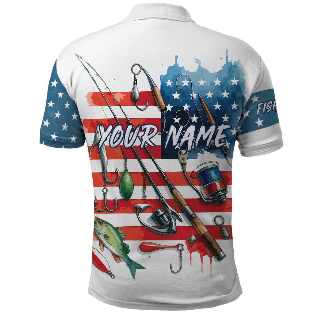 American Flag Fishing Polo Shirt with Fishing Rods and Lures Watercolor Style Design TS04