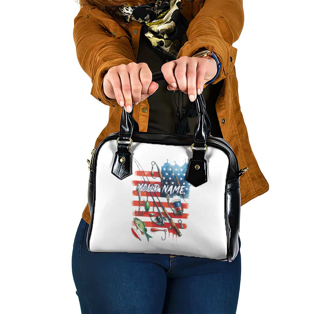 American Flag Fishing Shoulder Handbag with Fishing Rods and Lures Watercolor Style Design TS04