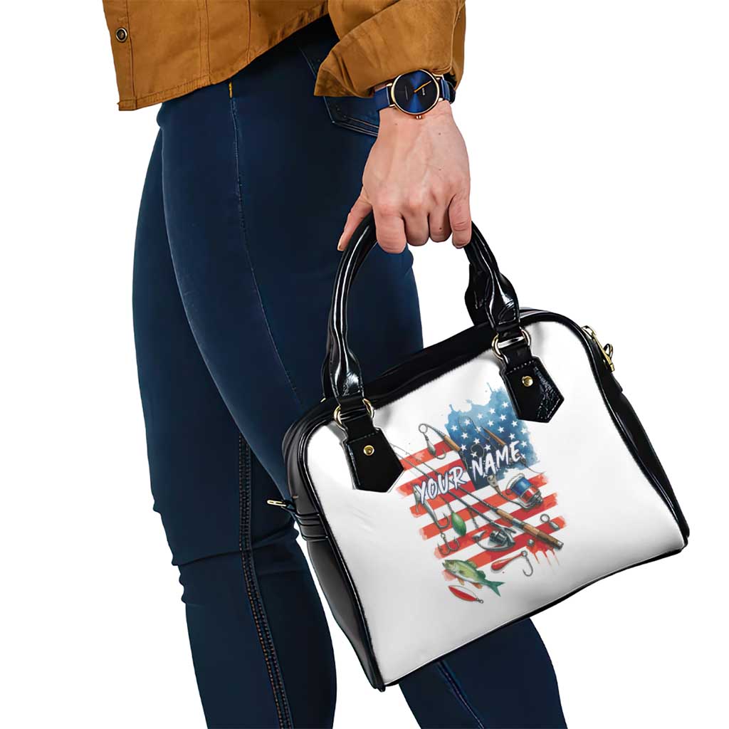 American Flag Fishing Shoulder Handbag with Fishing Rods and Lures Watercolor Style Design TS04