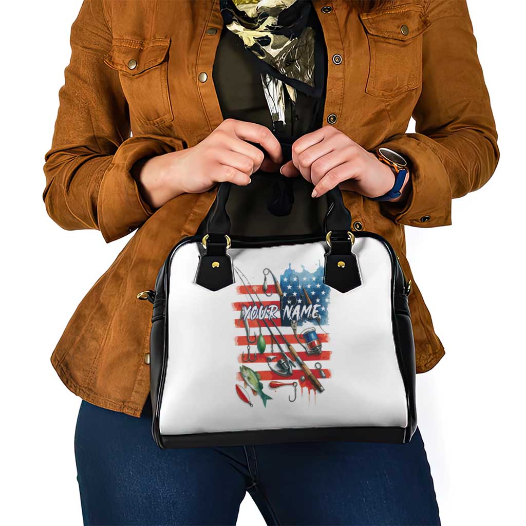 American Flag Fishing Shoulder Handbag with Fishing Rods and Lures Watercolor Style Design TS04