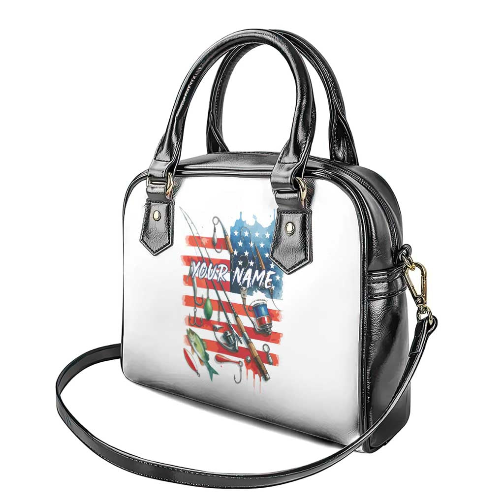 American Flag Fishing Shoulder Handbag with Fishing Rods and Lures Watercolor Style Design TS04