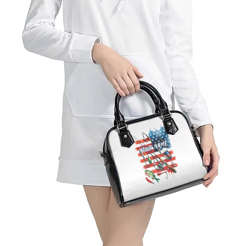 American Flag Fishing Shoulder Handbag with Fishing Rods and Lures Watercolor Style Design TS04
