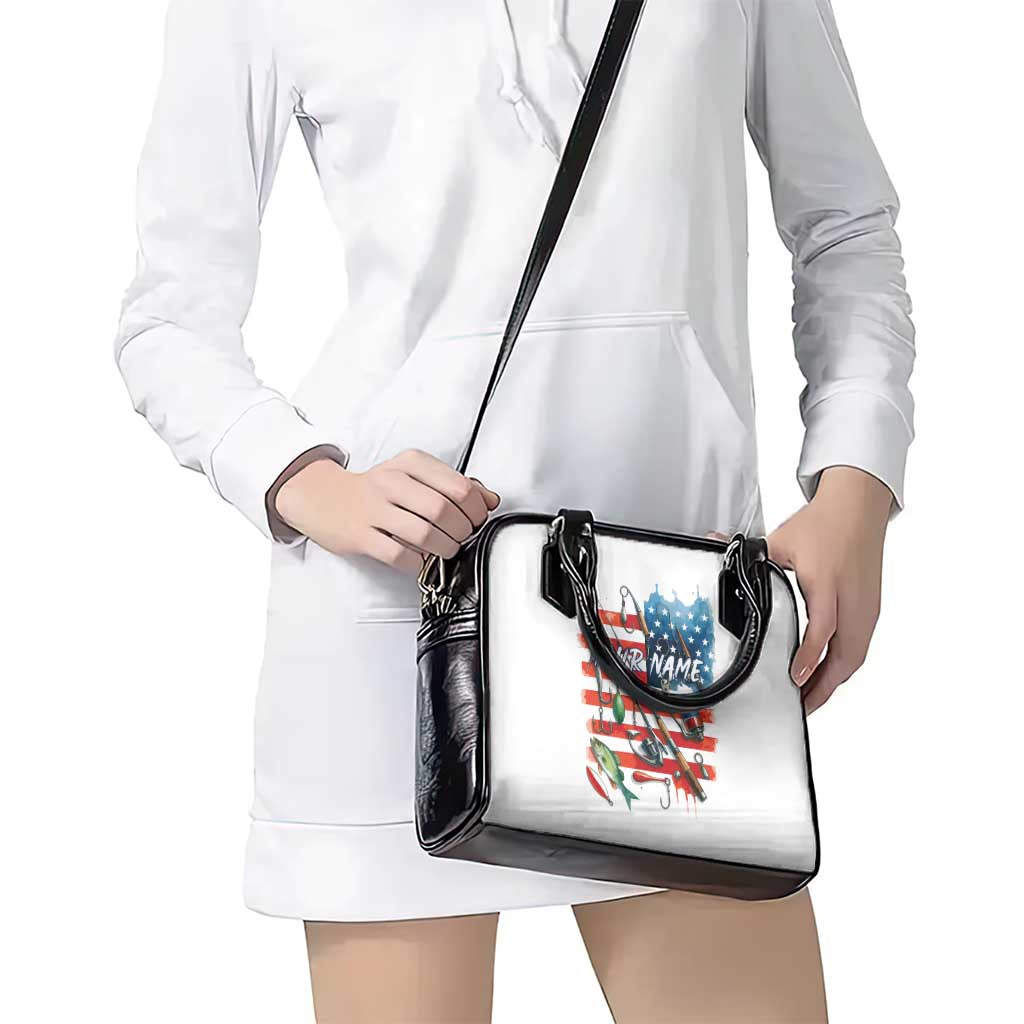 American Flag Fishing Shoulder Handbag with Fishing Rods and Lures Watercolor Style Design TS04