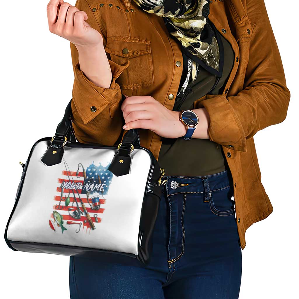 American Flag Fishing Shoulder Handbag with Fishing Rods and Lures Watercolor Style Design TS04