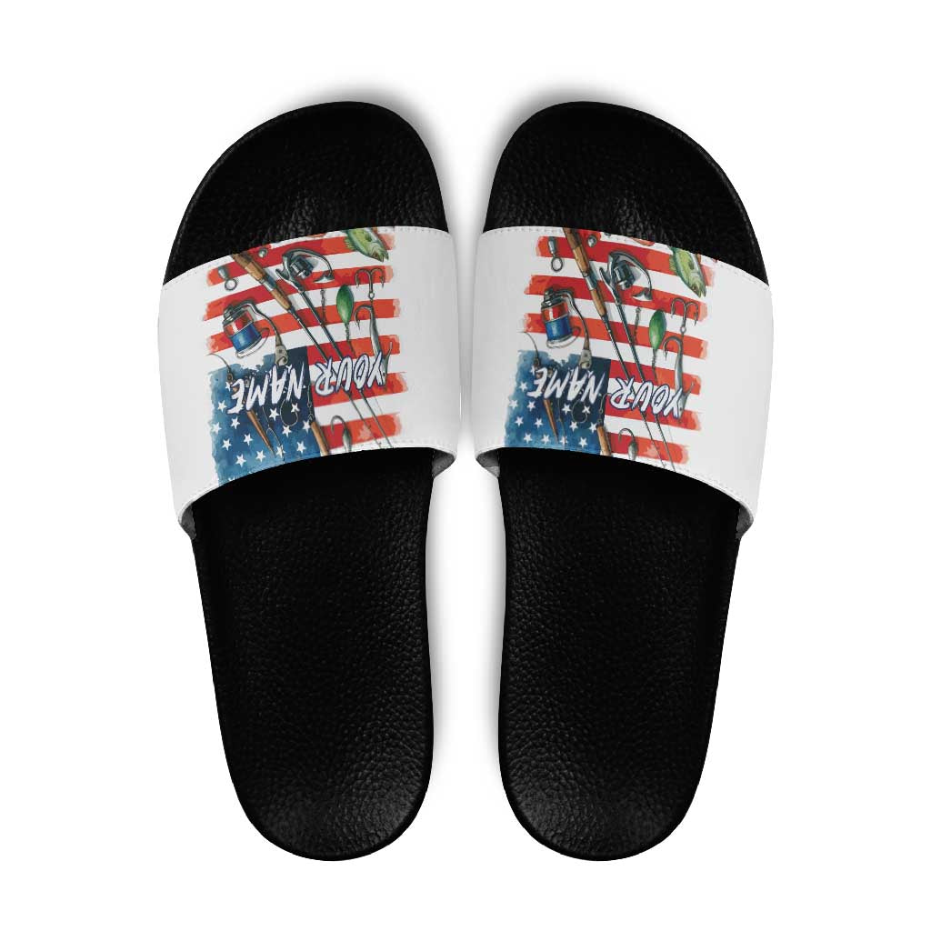 American Flag Fishing Slide Sandals with Fishing Rods and Lures Watercolor Style Design TS04