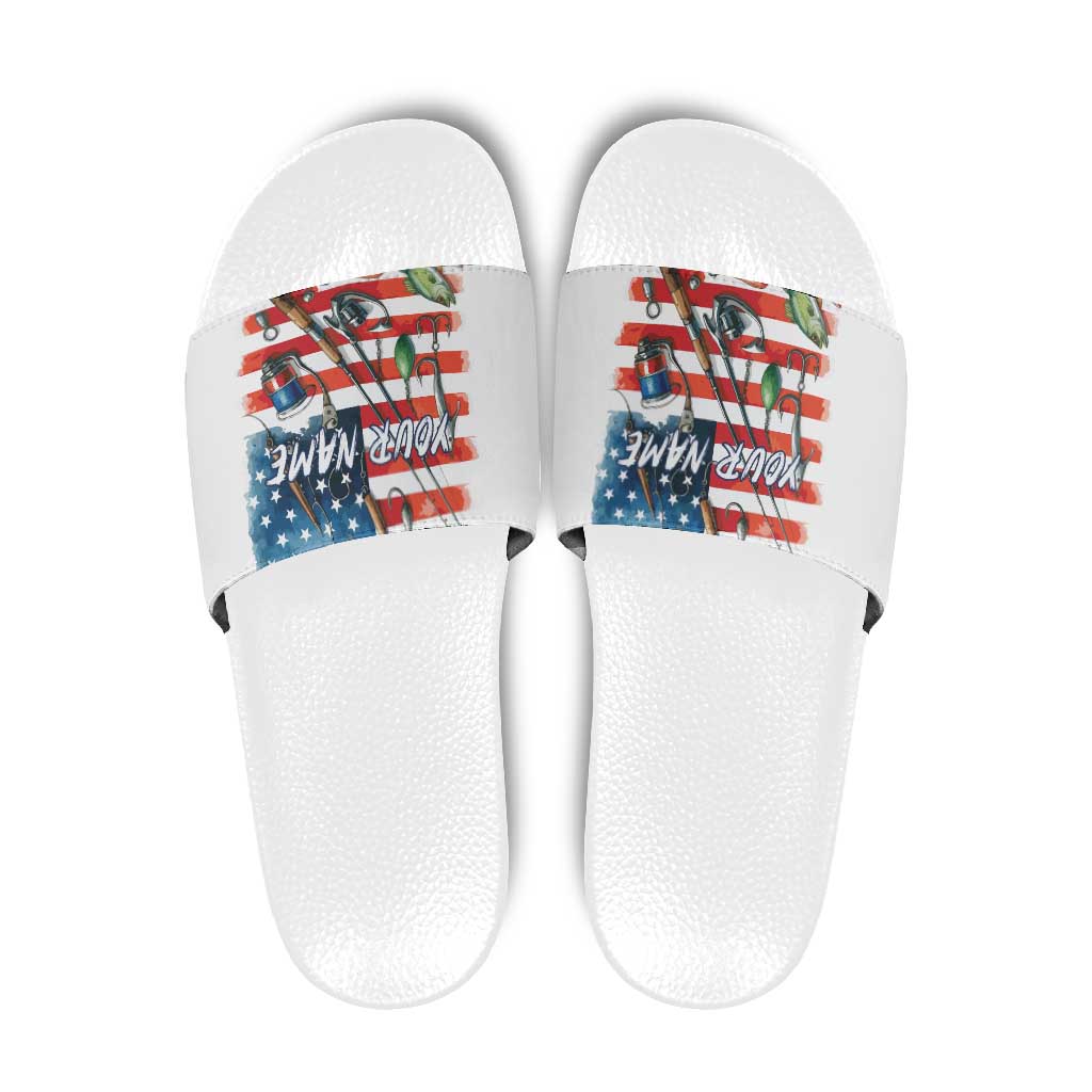 American Flag Fishing Slide Sandals with Fishing Rods and Lures Watercolor Style Design TS04