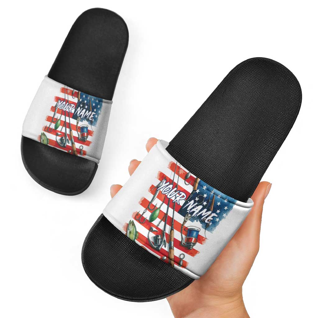 American Flag Fishing Slide Sandals with Fishing Rods and Lures Watercolor Style Design TS04