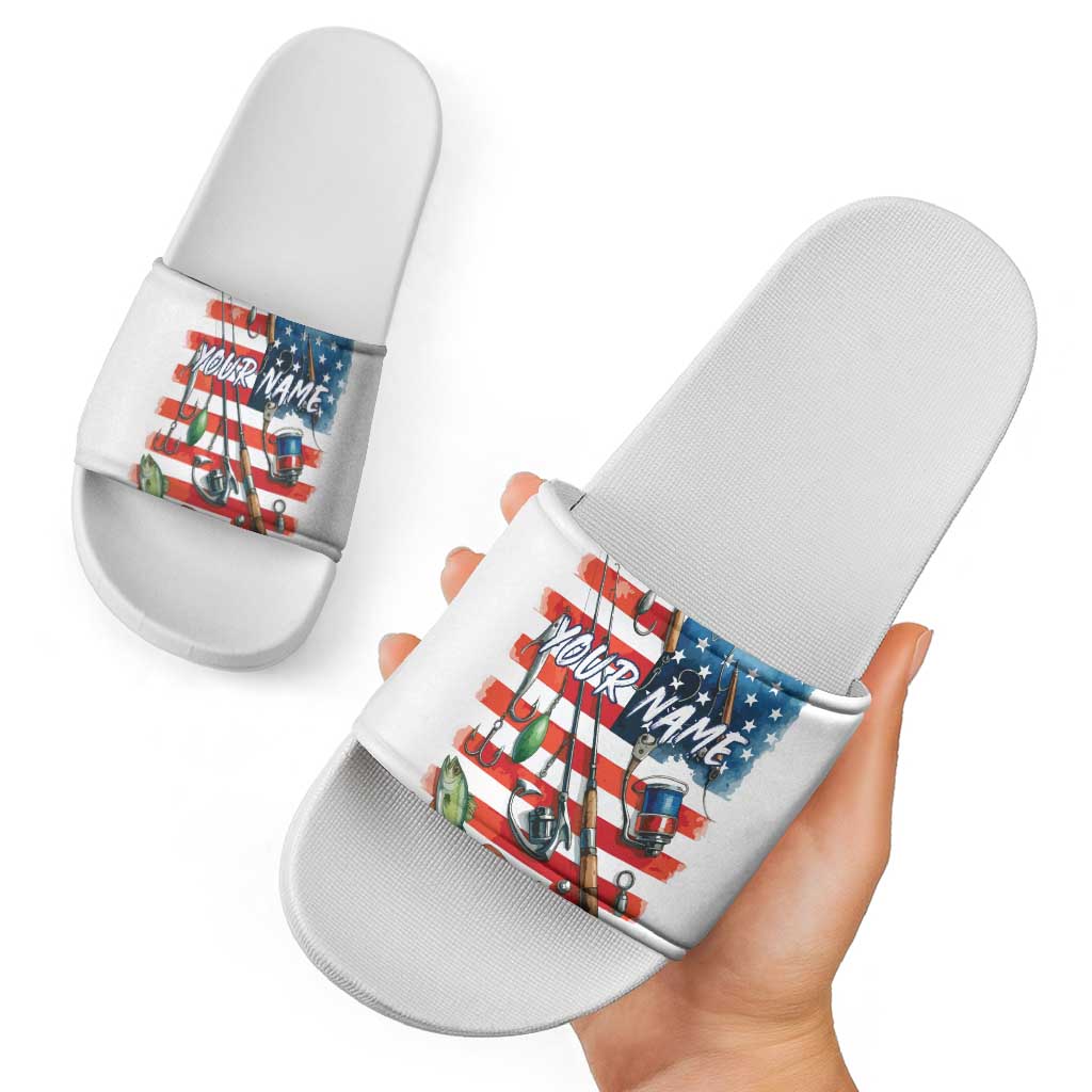 American Flag Fishing Slide Sandals with Fishing Rods and Lures Watercolor Style Design TS04