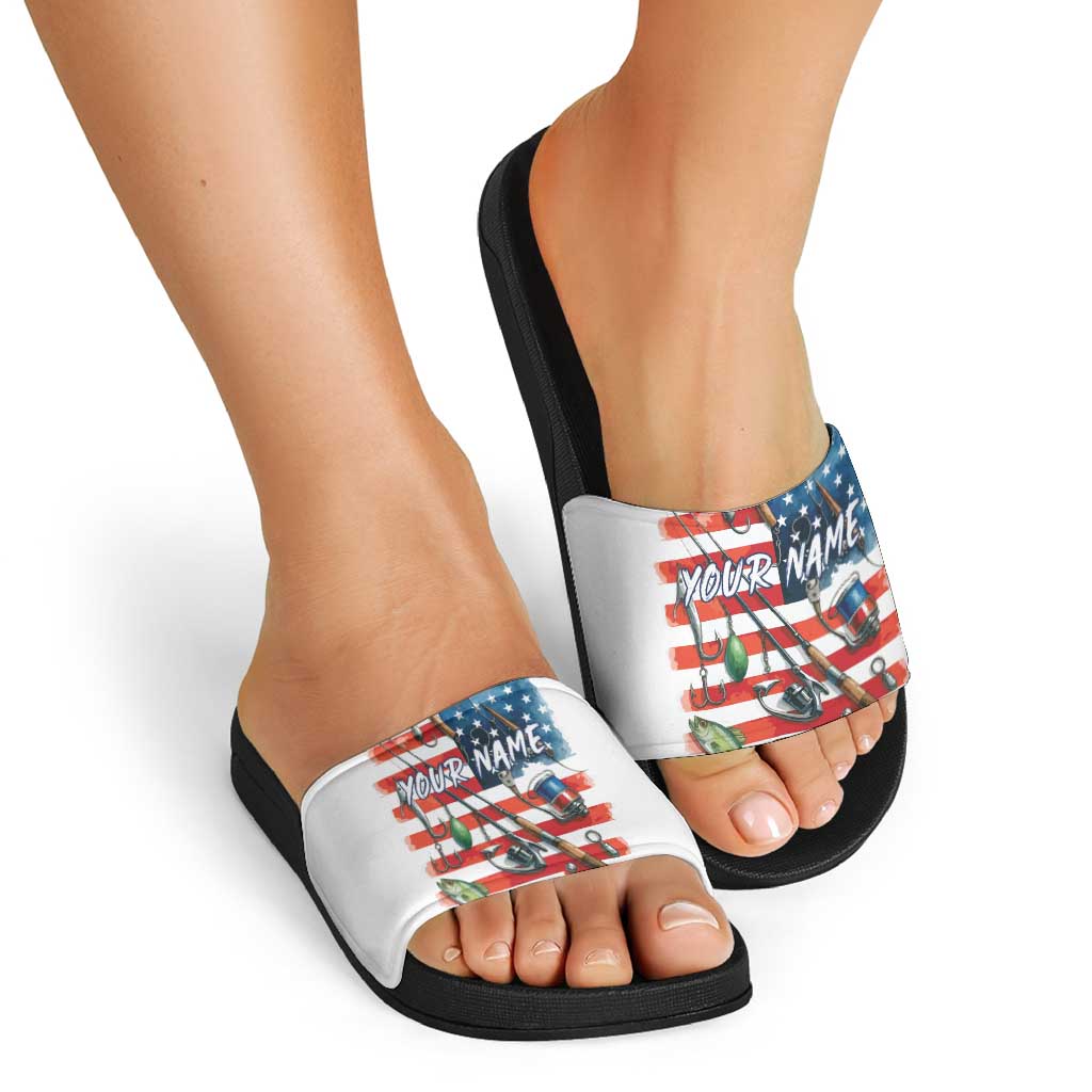 American Flag Fishing Slide Sandals with Fishing Rods and Lures Watercolor Style Design TS04