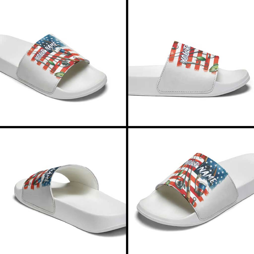 American Flag Fishing Slide Sandals with Fishing Rods and Lures Watercolor Style Design TS04