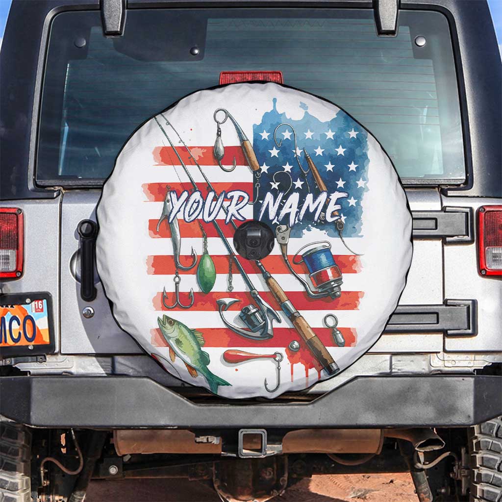 American Flag Fishing Spare Tire Cover with Fishing Rods and Lures Watercolor Style Design TS04