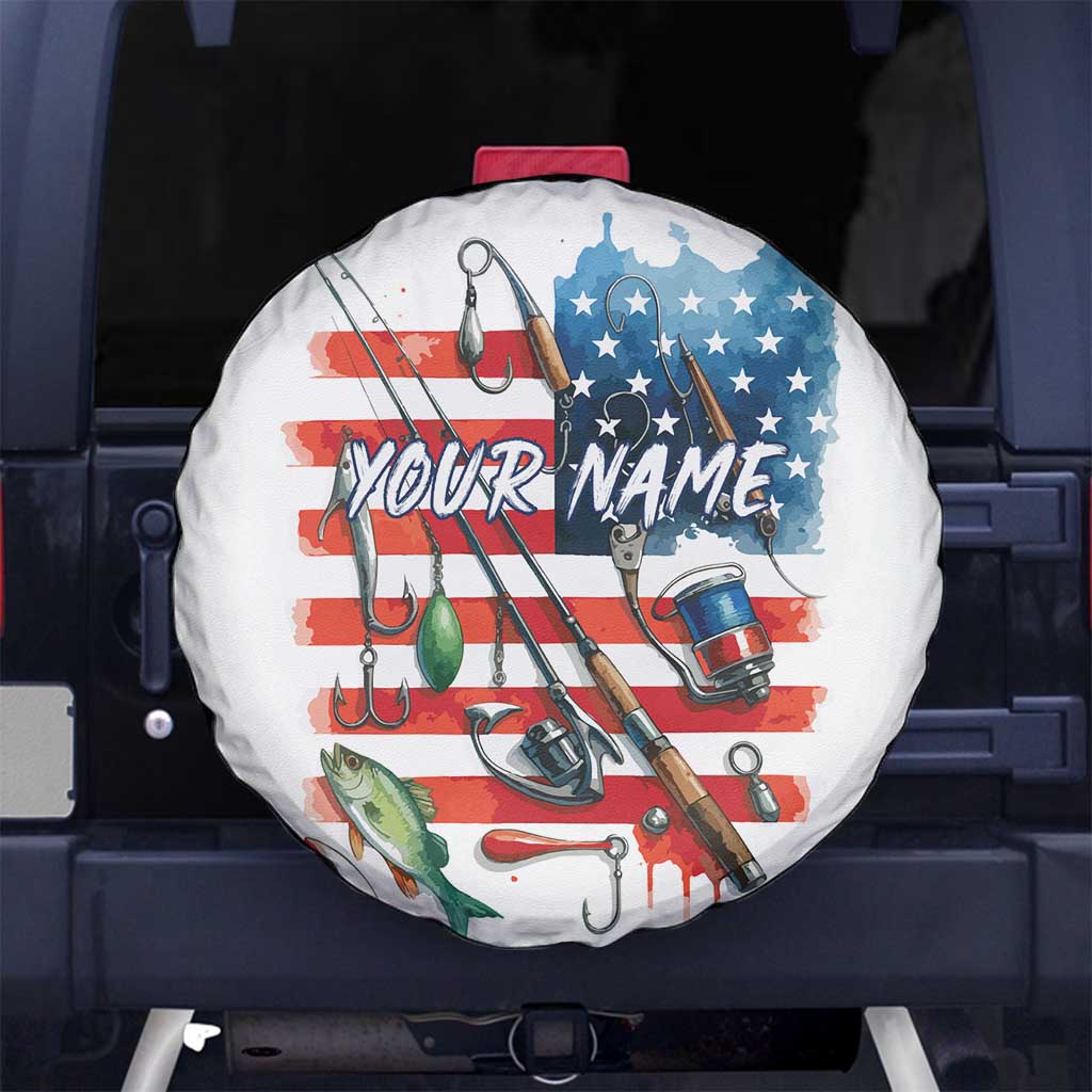 American Flag Fishing Spare Tire Cover with Fishing Rods and Lures Watercolor Style Design TS04