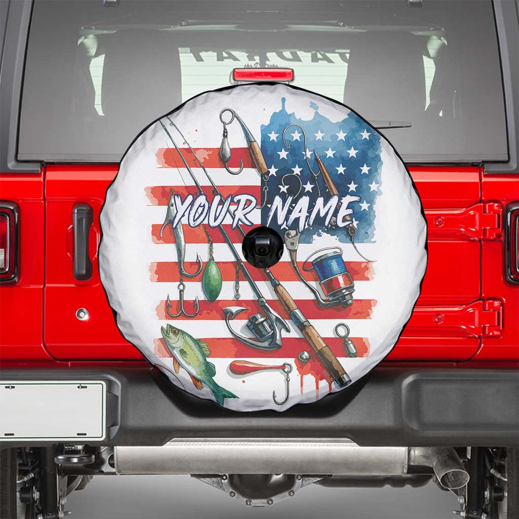 American Flag Fishing Spare Tire Cover with Fishing Rods and Lures Watercolor Style Design TS04