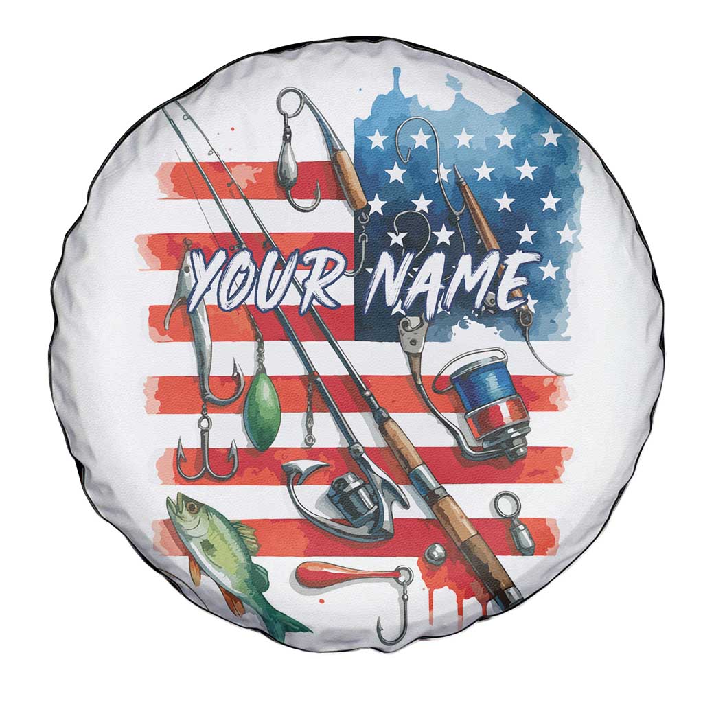 American Flag Fishing Spare Tire Cover with Fishing Rods and Lures Watercolor Style Design TS04