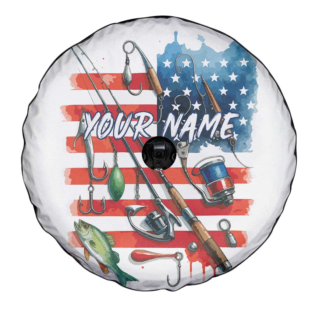 American Flag Fishing Spare Tire Cover with Fishing Rods and Lures Watercolor Style Design TS04