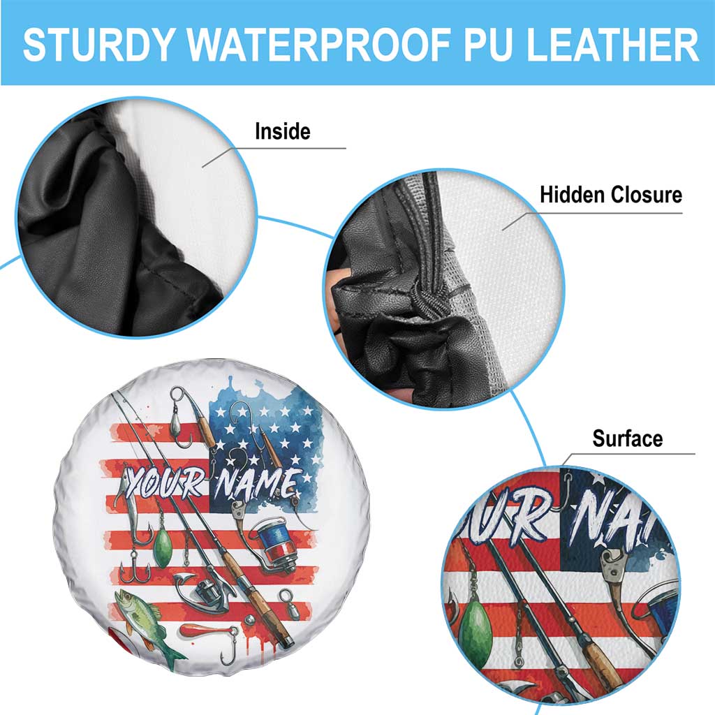 American Flag Fishing Spare Tire Cover with Fishing Rods and Lures Watercolor Style Design TS04